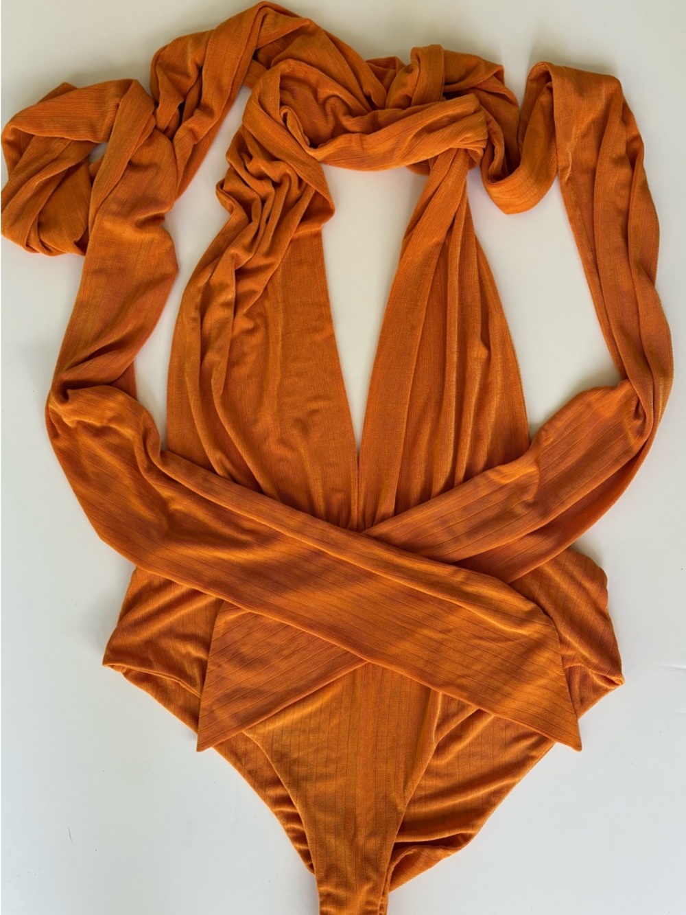 Showpo Orange Ribbed Wrap Bodysuit